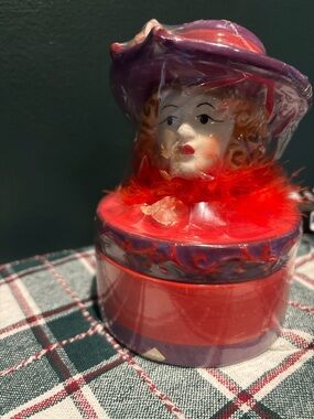 Vintage NWT Nantucket Home Lady Head Trinket Box in Red and Purple